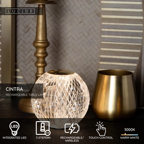 Lucide CINTRA - Rechargeable Table lamp - Battery pack - Ø 9 cm- LED 3 StepDim - 1x1,5W 3000K - Transparant - USP